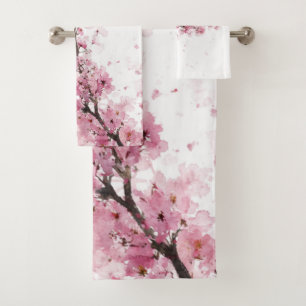 Pink Cherry Blossom Sakura Watercolor Floral Boho Bath Towel Set