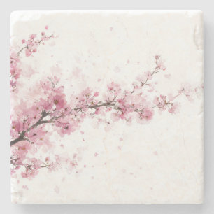 Pink Cherry Blossom Sakura Watercolor Floral Boho Stone Coaster