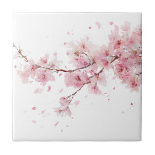Pink Cherry Blossom Sakura Watercolor Floral Tile