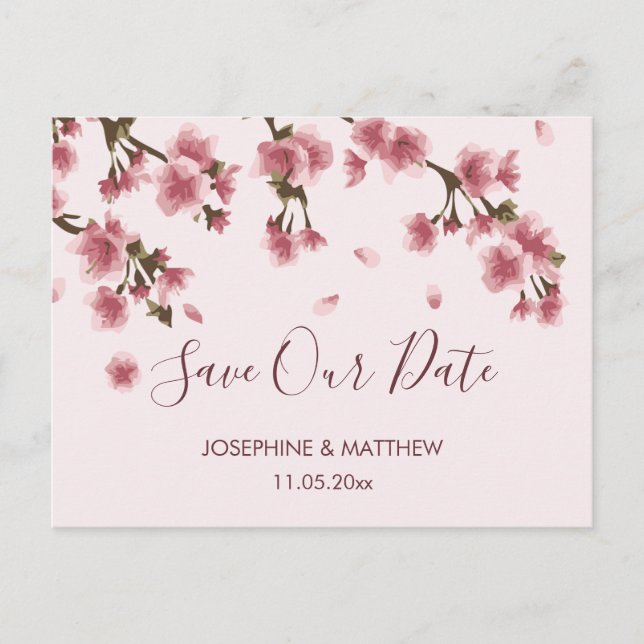 Pink Cherry Blossom Save the Date Announcement Postcard (Front)