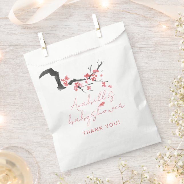 Pink Cherry Blossom Script Baby Shower Favour Bags (Clipped)