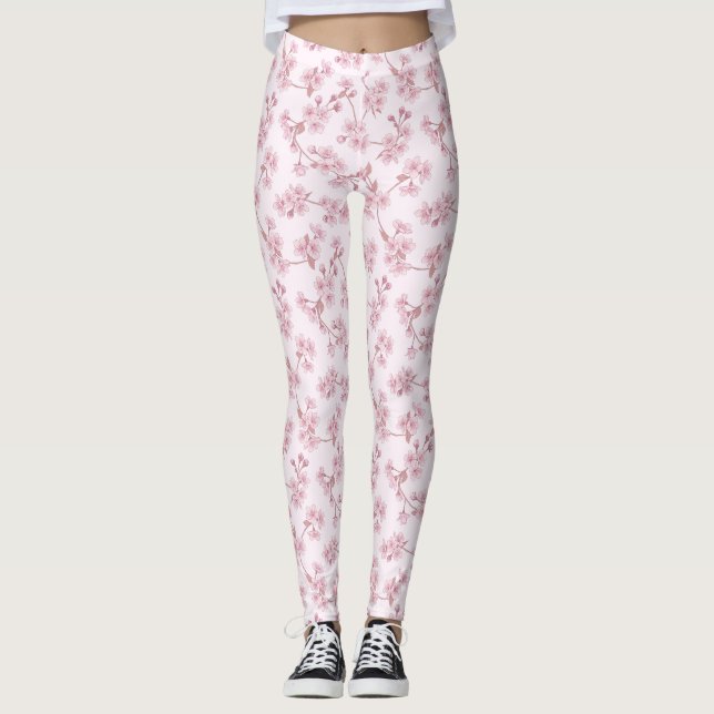 Pink Cherry Blossom Seamless Floral Pattern Leggings (Front)