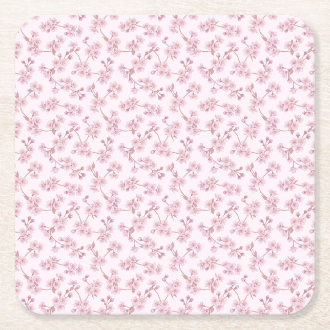 Pink Cherry Blossom Seamless Floral Pattern Square Paper Coaster (Front)