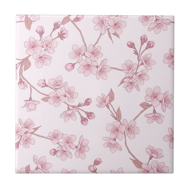 Pink Cherry Blossom Seamless Floral Pattern Tile (Front)