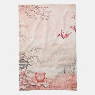 Pink Cherry Blossom Serenity Landscape (1) Tea Towel