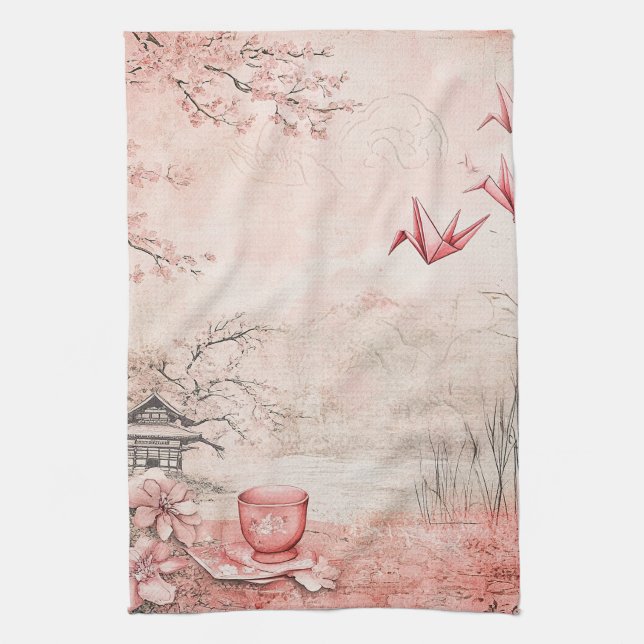 Pink Cherry Blossom Serenity Landscape  (1) Tea Towel (Vertical)
