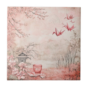 Pink Cherry Blossom Serenity Landscape (1) Tile