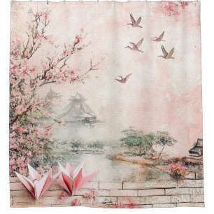 Pink Cherry Blossom Serenity Landscape  (2) Shower Curtain