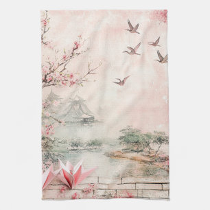 Pink Cherry Blossom Serenity Landscape (2) Tea Towel