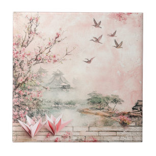 Pink Cherry Blossom Serenity Landscape (2) Tile