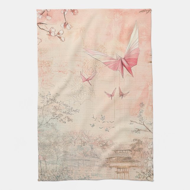 Pink Cherry Blossom Serenity Landscape  (3) Tea Towel (Vertical)