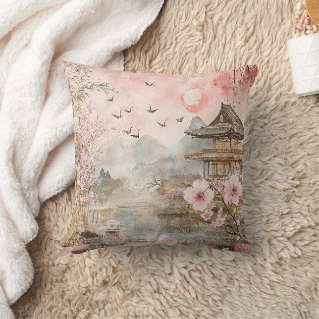 Pink Cherry Blossom Serenity Landscape  (4) Cushion (Blanket)