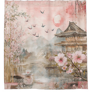 Pink Cherry Blossom Serenity Landscape  (4) Shower Curtain