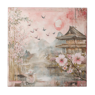 Pink Cherry Blossom Serenity Landscape (4) Tile