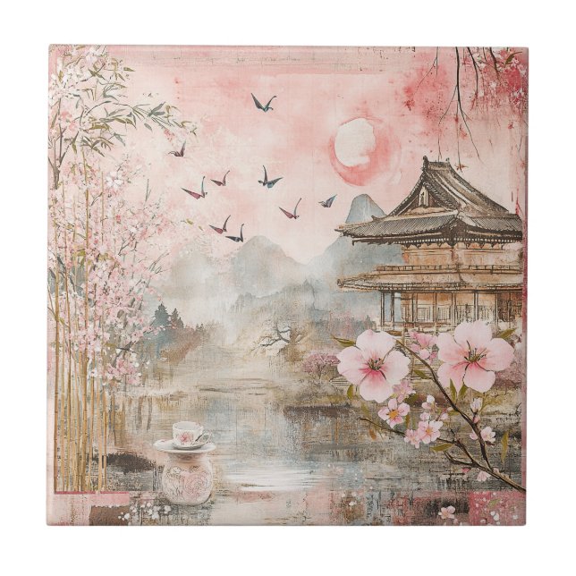 Pink Cherry Blossom Serenity Landscape  (4) Tile (Front)