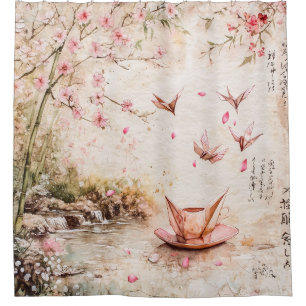Pink Cherry Blossom Serenity Landscape  (5) Shower Curtain