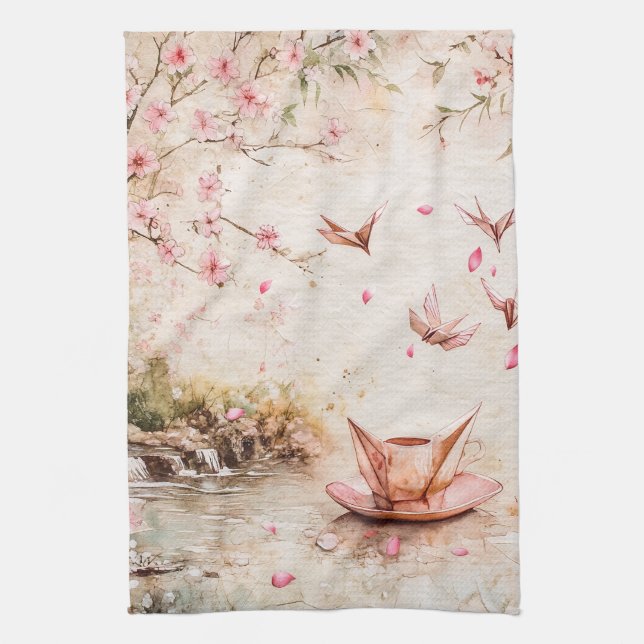 Pink Cherry Blossom Serenity Landscape  (5) Tea Towel (Vertical)