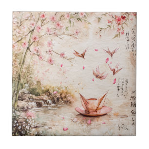 Pink Cherry Blossom Serenity Landscape (5) Tile