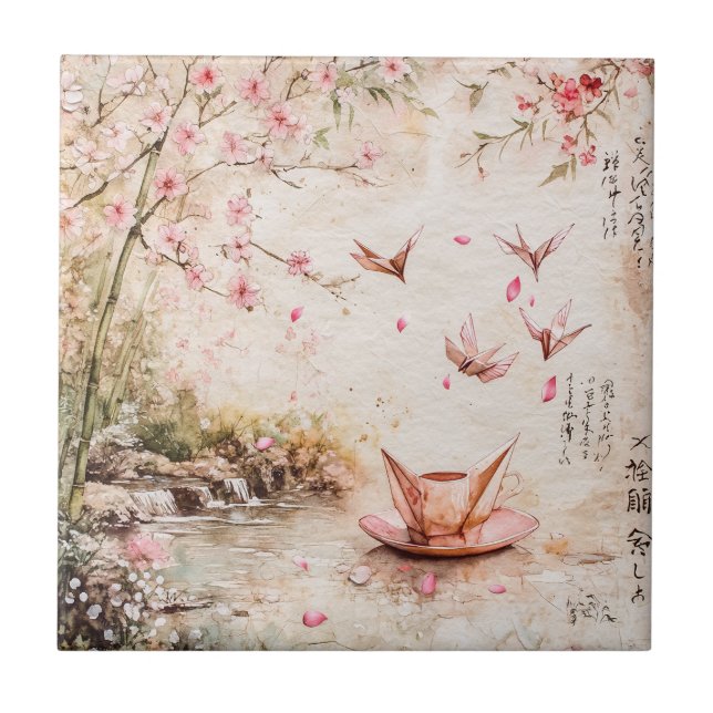 Pink Cherry Blossom Serenity Landscape  (5) Tile (Front)