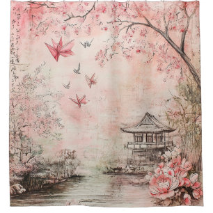 Pink Cherry Blossom Serenity Landscape  (6) Shower Curtain