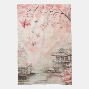 Pink Cherry Blossom Serenity Landscape (6) Tea Towel