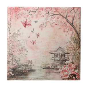 Pink Cherry Blossom Serenity Landscape (6) Tile