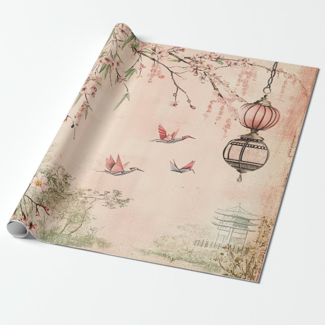 Pink Cherry Blossom Serenity Landscape  (7) Wrapping Paper (Unrolled)