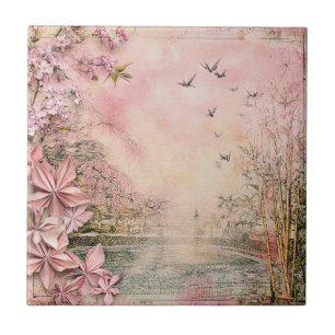 Pink Cherry Blossom Serenity Landscape (8) Tile