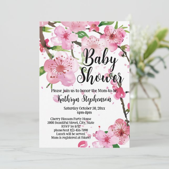 Pink Cherry Blossom Spring Floral Girl Baby Shower Invitation (Standing Front)