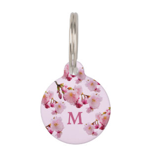 Pink Cherry Blossom Spring Flowers Monogram Pet Tag