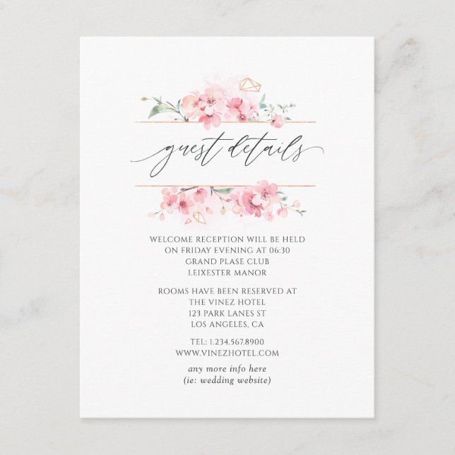 Pink Cherry Blossom Spring Wedding Guest Details Enclosure Card (Front)
