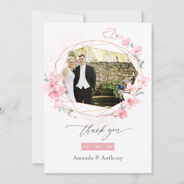 Pink Cherry Blossom Spring Wedding Photo Collage Thank You Card (Front)