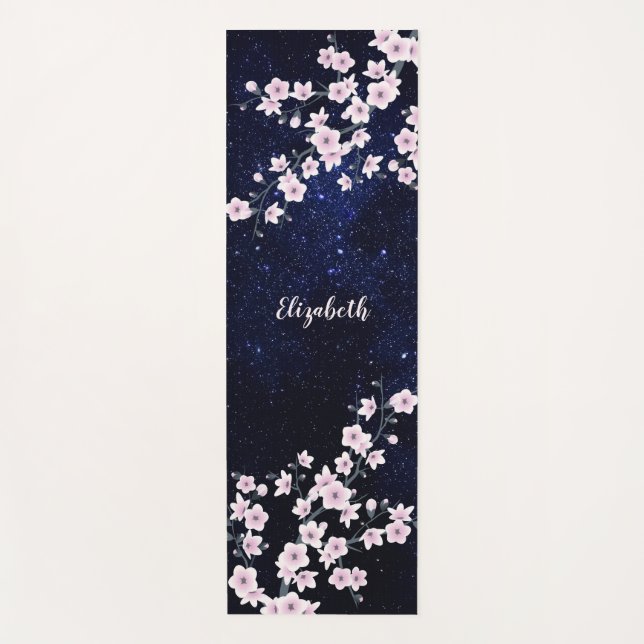 Pink Cherry Blossom Starry Night Sky Monogram Yoga Mat (Front)