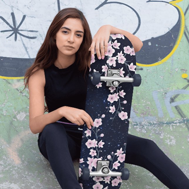 Pink Cherry Blossom Starry Night Sky  Skateboard (Creator Uploaded)
