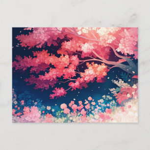 Pink Cherry Blossom Tree at Night Starry Sky Postcard