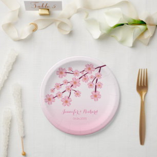 Pink Cherry Blossom Tree Branch With Names Wedding Paper Plate