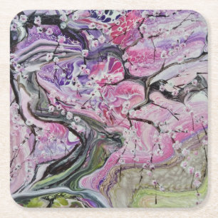 Pink cherry blossom tree square paper coaster