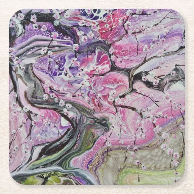 Pink cherry blossom tree square paper coaster (Front)