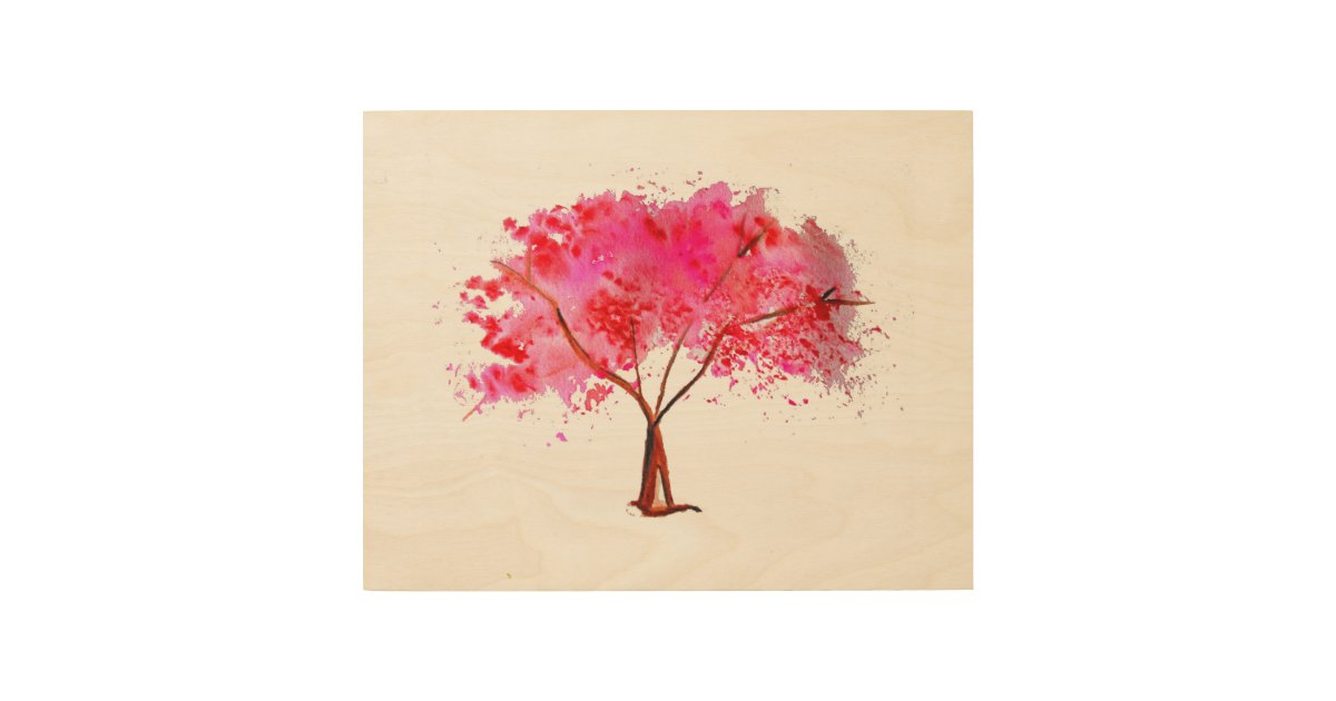 Pink Cherry Blossom Tree Watercolor Wood Wall Art Zazzle Co Uk