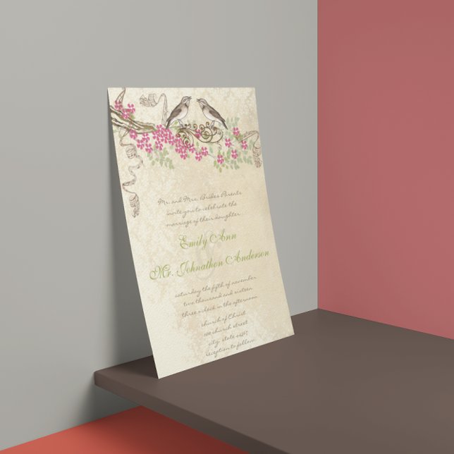 Pink Cherry Blossom Vintage Bird Weddings Invitation (Creator Uploaded)