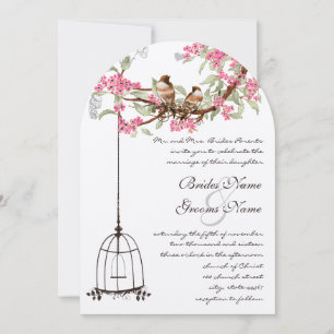 Pink Cherry Blossom Vintage Birds Birdcage Wedding Invitation