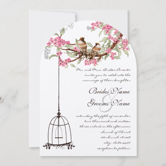 Pink Cherry Blossom Vintage Birds Birdcage Wedding Invitation (Front)