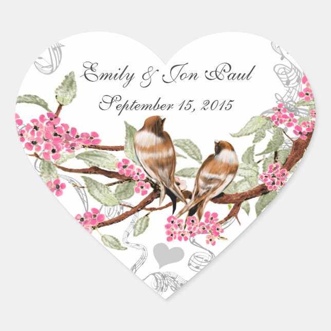 Pink Cherry Blossom Vintage Birds Wedding Stickers (Front)