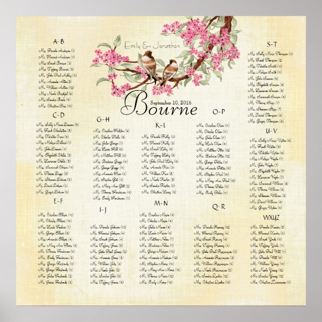 Pink Cherry Blossom Vintage Love Bird Wedding Poster (Front)