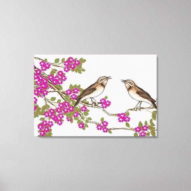 Pink Cherry Blossom  Vintage Love Birds Canvas Print (Front)