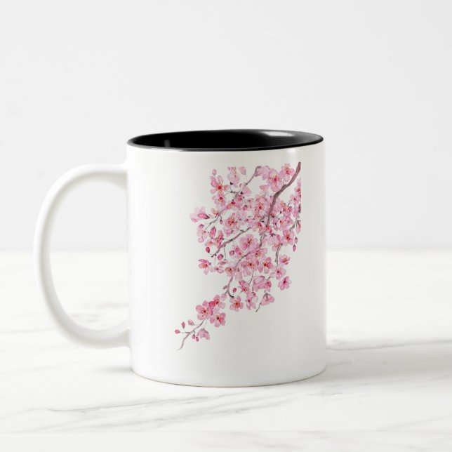 pink cherry blossom watercolor 2020 Two-Tone coffee mug (Left)