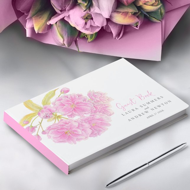 Pink cherry blossom watercolor custom wedding guest book (Creator Uploaded)