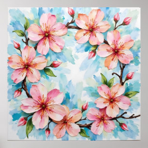 Pink Cherry Blossom Watercolor Wreath Poster