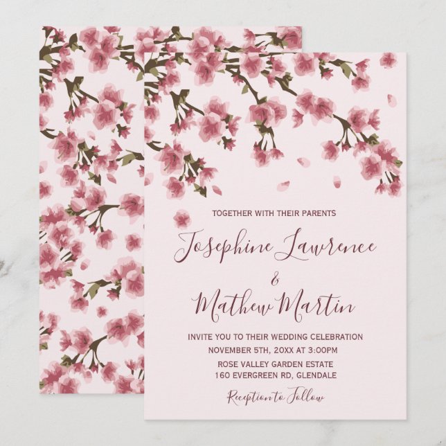 Pink Cherry Blossom Wedding Invitation (Front/Back)