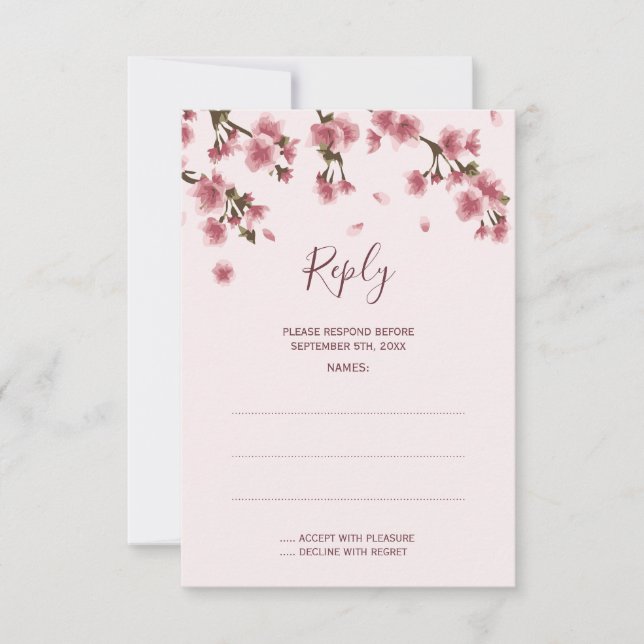 Pink Cherry Blossom Wedding Reply Cards (Front)
